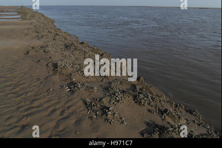 Blue sky sand beach view, looking upstream, wild mussels rubble North Training Wall, low water channel River Ribble, Fairhaven Stock Photo
