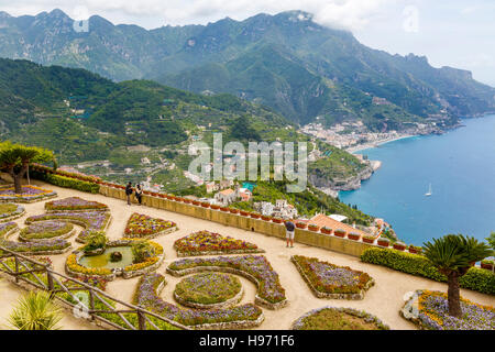 The formal gardens and flowerbeds of the Villa Rufolo in Ravello, Italy. Overlooking the Amalfi coast and Bay of Salerno. Stock Photo