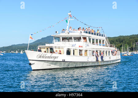 Velden, Austria - August 14 2016: Passenger ship Schlumberger on lake Worthersee during high tourist season on regular line Stock Photo