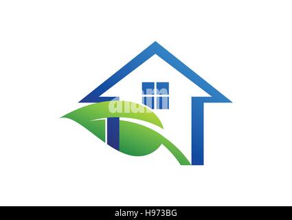 house logo, green leaf home logo symbol, shelter plants icon, real estate vector illustration design Stock Vector