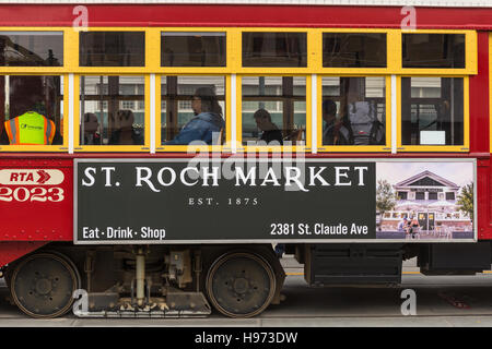 Passengers wait aboard an RTA streetcar on Canal Street in New Orleans, Louisiana. Stock Photo