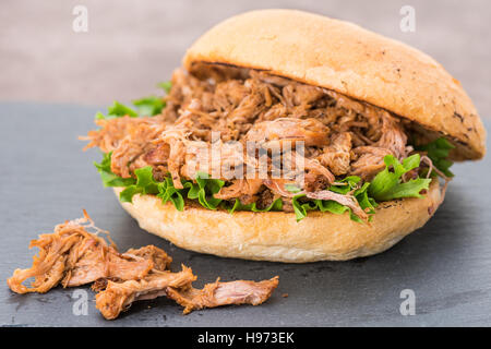 A barbecue pulled pork sandwich in a bread bun Stock Photo