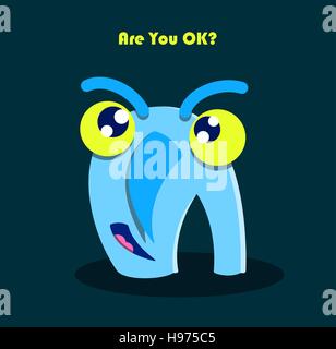 Are You Ok? text with funny smiling monster. Cute character cartoon drawing. Fun kid humor letter A symbol. Vector illustration. Stock Vector