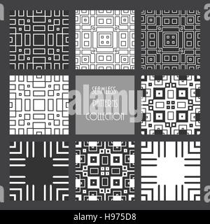 Geometric seamless patterns set. Monochrome repeated square collection. Abstract vector illustration. Stock Vector