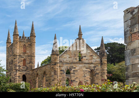Remains of the convict built church at the Port Arthur former penal colony in Tasmania, Australia. Stock Photo