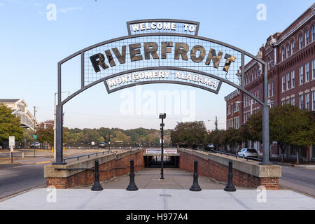 An arched welcome sign marks the entrance to Riverfront Park in Montgomery, Alabama. Stock Photo