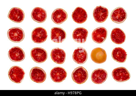 Rows of freshly squeezed ruby grapefruit halves viewed from above isolated on white with one rind placed upside down Stock Photo