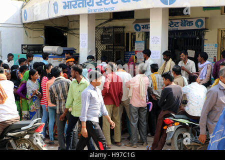 Crowds have been gathering outside banks across India Stock Photo