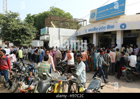 Crowds have been gathering outside banks across India Stock Photo