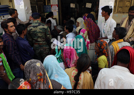 Crowds have been gathering outside banks across India Stock Photo