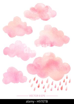Vector. Cute pink watercolor clouds with rain. Set of watercolor objects isolated on white background for your design: textile, fabric, postcard, invi Stock Vector