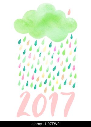 Vector. Cute green watercolor cloud with rain and inscription 2017. Set of watercolor objects isolated on white background for your design: textile, f Stock Vector