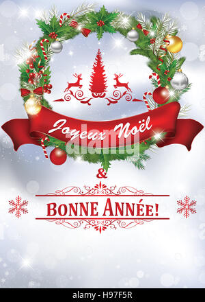 Printable New Year greeting card with message in French language: Merry Christmas and a Happy New Year (Joyeux Noel & Bonne Anne Stock Photo