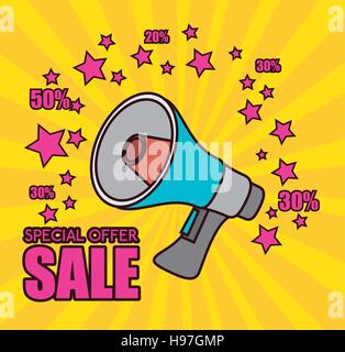 cartoon megaphone special offer sale pink star vector illustration eps 10 Stock Vector