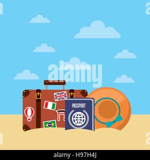 brown suitcase with passport and beach hat. over sky background. vector illustration Stock Vector