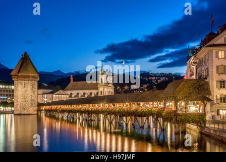 Historical Chapel Bridge of Lucerne at the Lake Lucerne in Central Switzerland. Stock Photo