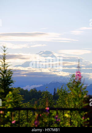 A scenic view of the Denali (Mount McKinley) from the Mt. McKinley Princess Wilderness Lodge, Denali State Park, Alaska Stock Photo