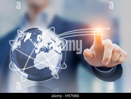 Global internet telecommunication concept with 3d globe, satellite orbits, and high speed optic fibers Stock Photo