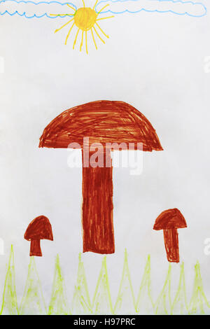 Children's drawing of funny brown mushrooms on the white Stock Photo