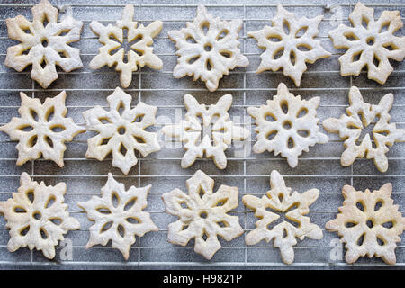Homemade snowflake cookies on a cooling tray. Stock Photo