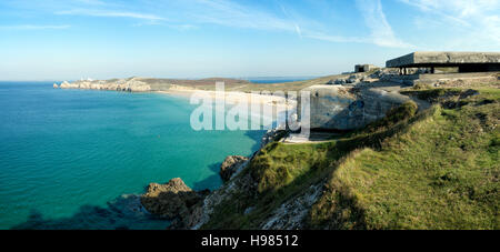 Casemates and fortifications at Pointe de Pen Hir, Brittany Stock Photo