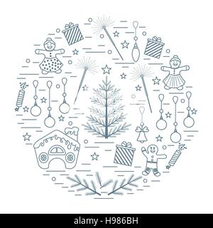 Vector illustration of different new year and christmas symbols arranged in a circle. Winter elements made in line style. Stock Vector