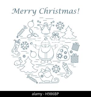 Vector illustration of different new year and christmas symbols arranged in a circle. Winter elements made in line style. Stock Vector