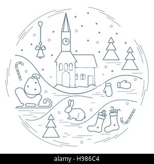 Vector illustration of different new year and christmas symbols arranged in a circle. Winter elements made in line style. Stock Vector