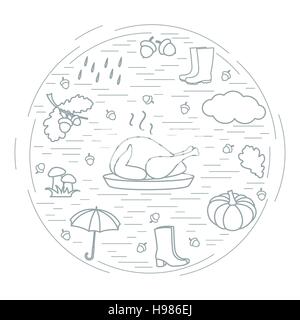 Autumn symbols in circle. Umbrella, acorns, turkey, rain, pumpkin and other fall symbols for announcement, advertisement, flyer or banner. Vector illu Stock Vector