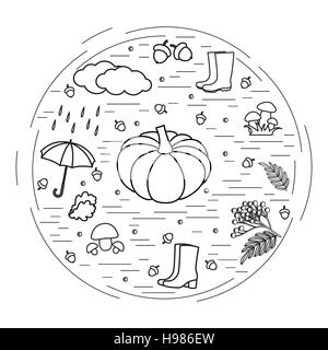 Vector illustration of different autumn seasonal symbols arranged in a circle. Autumn elements made in line style. Stock Vector