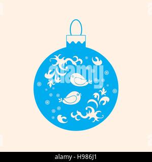 Vector icon Christmas ball with birds and frost patterns on light background. Stock Vector