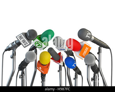 Microphones prepared for press conference or interview isolated on white background. 3d illustration Stock Photo