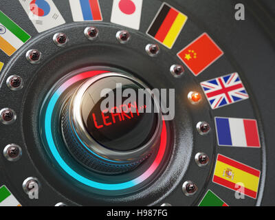 Online learning language concept. Switch knob button with flags. 3d illustration Stock Photo