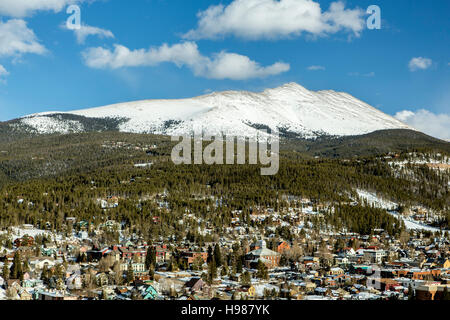 Snow-covered Bald Mountain and Breckenridge, Colorado USA Stock Photo