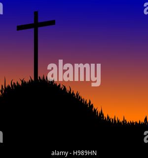 Vector silhouette of a cross on top of a mountain at sunset. Stock Vector