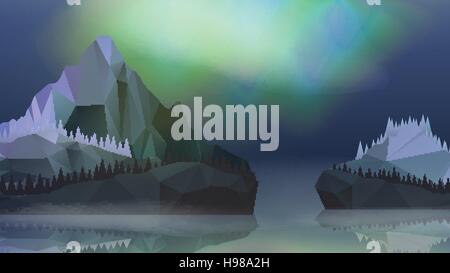 Lake and Mountains Landscape with Northern Aurora - Vector Illustration Stock Vector