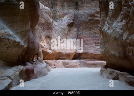 Petra canyon called the Siq that leads to the Nabatean city, Jordan Stock Photo