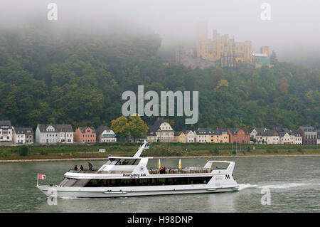 Boat on the Rhine with Stolzenfels Castle, near Koblenz, Rhineland-Palatinate, Germany Stock Photo
