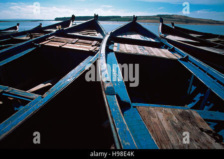 Small boats on the Moulay-Bousselham lagoon shore, Morocco, Africa Stock Photo