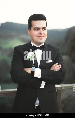 Stylish man, groom posing on the background of mountains Stock Photo