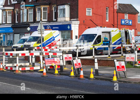 National Grid vans attending to emergency gas leak, Southport, UK Stock