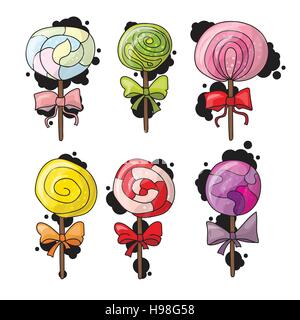 Set of colorful lollipops in hand drawn style. Collection of spiral candies sketch Stock Vector