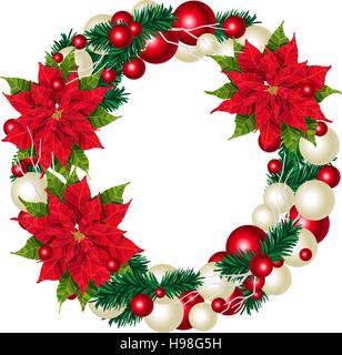 Christmas realistic wreath with red poinsettia, isolated on white vector illustration Stock Vector