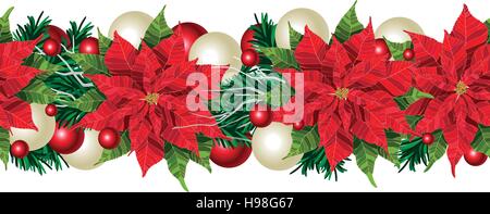 Christmas realistic seamless border with red poinsettia, isolated on white vector illustration Stock Vector