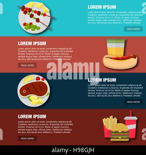 Fast food 4 horizontal banners set with colorful pictograms abstract isolated vector illustration. Vector illustration, EPS 10 Stock Vector