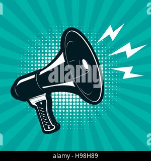 Megaphone on retro comic style background. Design element for po Stock Vector