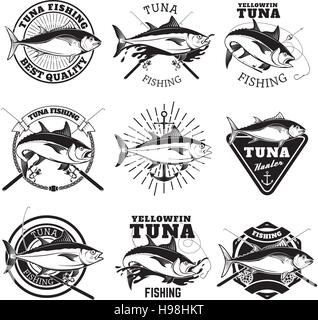 Tuna fishing labels isolated on white background. Design element Stock Vector