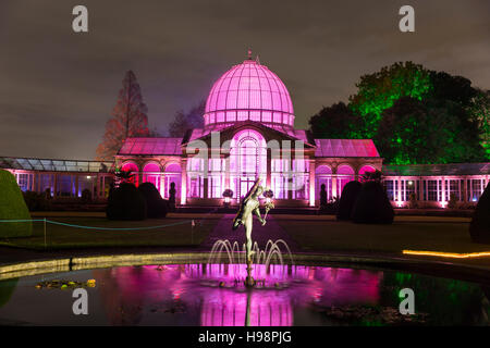 Syon Park, London, UK, 19th November 2016. The Enchanted Woodland is an annual spectacular that allows visitors to take an evening stroll along a path with illuminated trees, colourfully lit water features, the lake and surrounding woodland at Syon Park, a light show projected onto Syon House, the Duke of Northumberland’s London home, and a laser show and illuminations at the Great Conservatory. Credit:  Imageplotter News and Sports/Alamy Live News Stock Photo