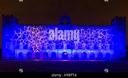 Syon Park, London, UK, 19th November 2016. The Enchanted Woodland is an annual spectacular that allows visitors to take an evening stroll along a path with illuminated trees, colourfully lit water features, the lake and surrounding woodland at Syon Park, a light show projected onto Syon House, the Duke of Northumberland’s London home, and a laser show and illuminations at the Great Conservatory. Credit:  Imageplotter News and Sports/Alamy Live News Stock Photo