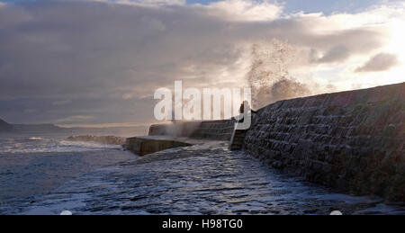 Lyme Regis Dorset, UK. 20th Nov, 2016. A woman enjoys the views of waves crashing over The Cobb wall in Lyme Regis after the storms of last night along the south coast had blown through this morning Credit:  Simon Dack/Alamy Live News Stock Photo